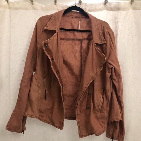 FREE PEOPLE LINEN ROSEWOOD LIGHT WEIGHT MOTO JACKET SIZE LARGE BOHO FESTIVAL - Picture 6 of 12